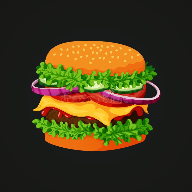 Kötthamburgaresymbol Köttlilla pastejen, sesam överträffade bullen, grönsallat, gurkor, röda lökar, tomater, ost och ketchup royaltyfri illustrationer Kötthamburgaresymbol Köttlilla pastejen, sesam överträffade bullen, grönsallat, gurkor, röda lökar, tomater, ost och ketchup royaltyfri illustrationer