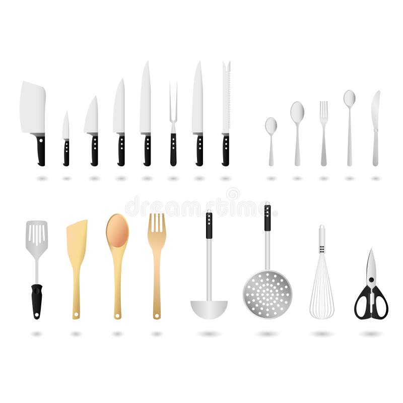 A set of kitchen utensils that consist of blades, cutlery, cooking equipments, and etc. A set of kitchen utensils that consist of blades, cutlery, cooking equipments, and etc.