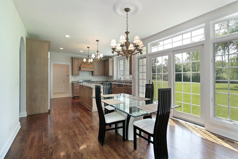 Kitchen in suburban home with glass sliding doors. Kitchen in suburban home with glass sliding doors