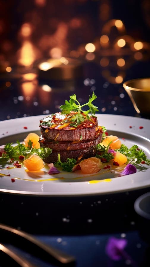 Küchenchef bis Tischchen köstlich dekorierte Speisen. Haute Cuisine vektor abbildung