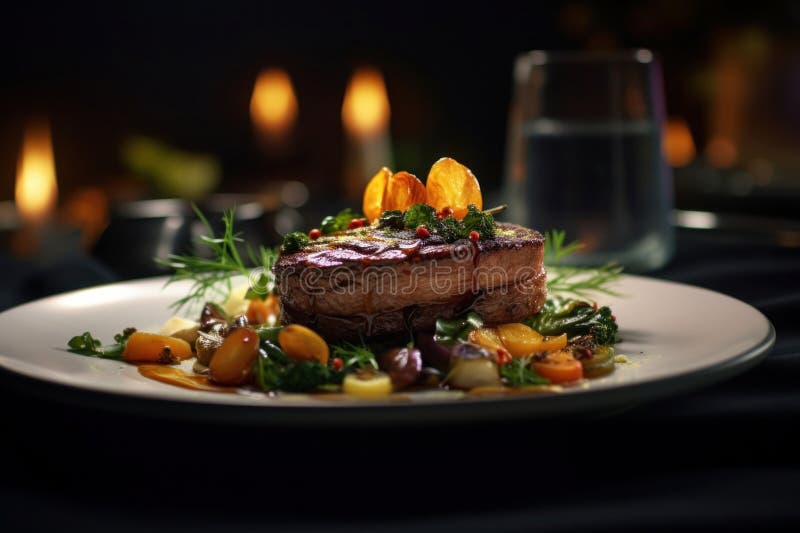 Küchenchef bis Tischchen köstlich dekorierte Speisen. Haute Cuisine lizenzfreie abbildung
