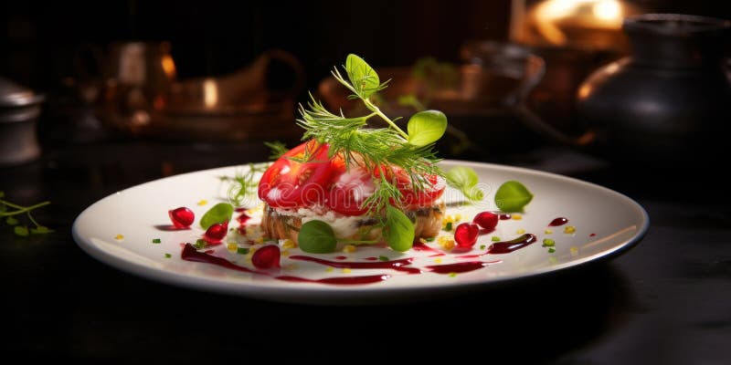 Küchenchef bis Tischchen köstlich dekorierte Speisen. Haute Cuisine stock abbildung