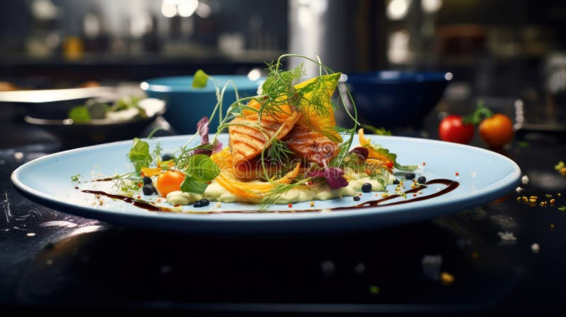 Küchenchef bis Tischchen köstlich dekorierte Speisen. Haute Cuisine vektor abbildung