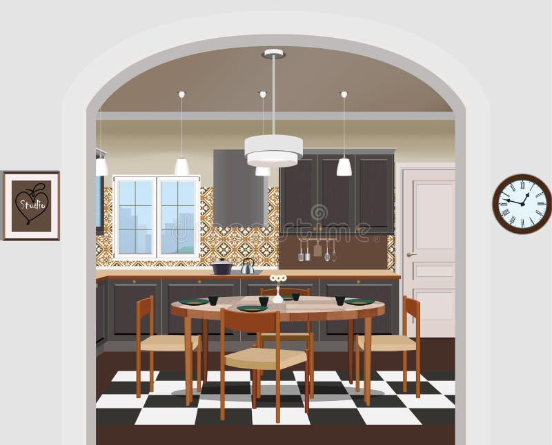 Kücheninnenhintergrund mit Möbeln Design der modernen Küche Küchenillustration stock abbildung Kücheninnenhintergrund mit Möbeln Design der modernen Küche Küchenillustration stock abbildung