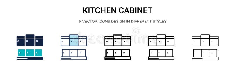 Küchenschrankikone in gefüllter Thin Linie Design und Anschlagart. Vektorillustration zwei des schwarzen und farbigen Küchenschran lizenzfreie abbildung