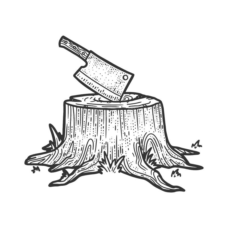 Kitchen cleaver hatchet knife stuck in tree stump sketch engraving vector illustration. T-shirt apparel print design. Scratch board imitation. Black and white hand drawn image. Kitchen cleaver hatchet knife stuck in tree stump sketch engraving vector illustration. T-shirt apparel print design. Scratch board imitation. Black and white hand drawn image.