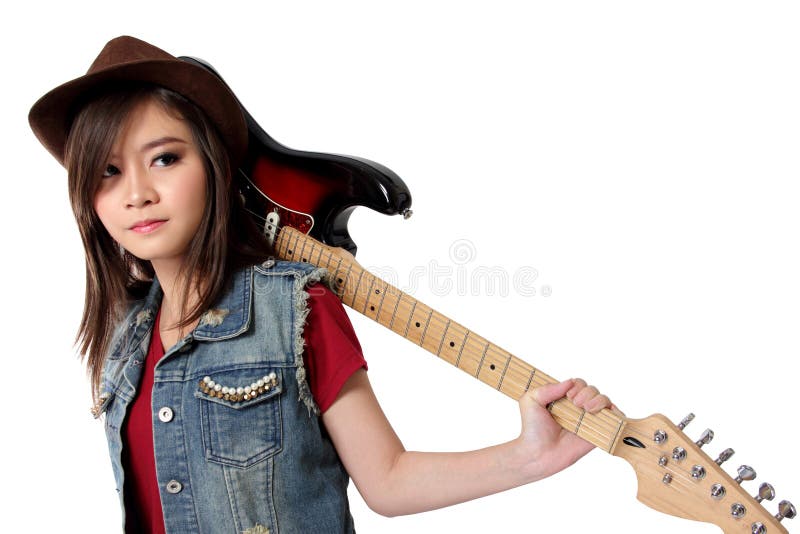 Kühlen Sie Punkrockermädchen mit Gitarre auf ihr zurück, auf weißes backgrou ab stockfotografie