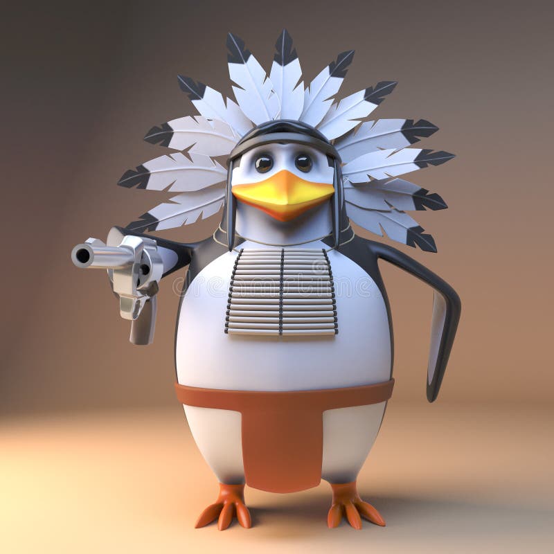 Cool native American Indian penguin chief in feathered headdress pointing a pistol at the viewer 3d illustration render. Cool native American Indian penguin chief in feathered headdress pointing a pistol at the viewer 3d illustration render