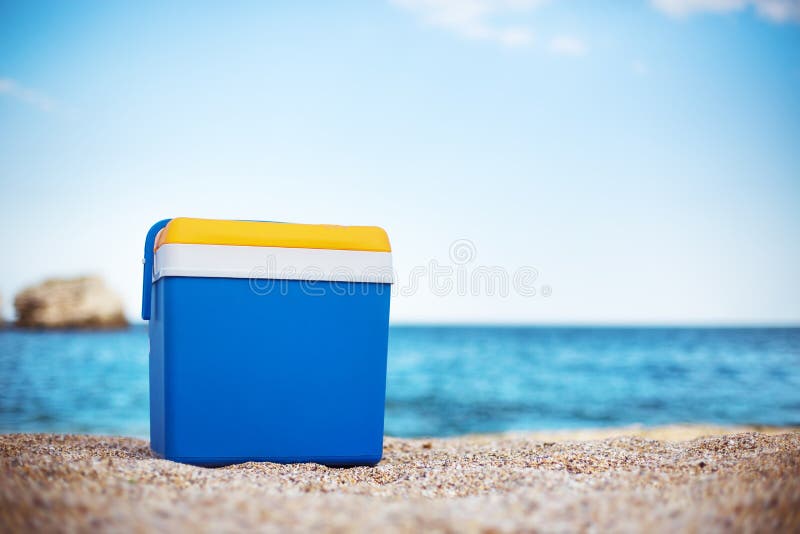 Cooler box on the sea sand. Cooler box on the sea sand