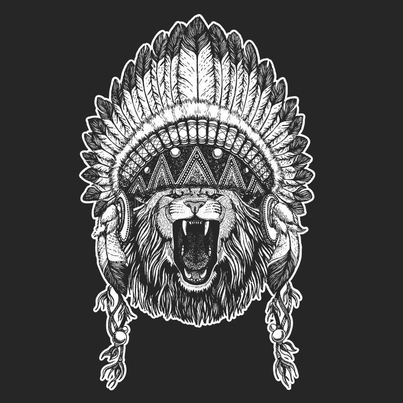Kühles Tier des wilden Tieres, das gebürtigen indianischen Kopfschmuck mit gezeichnetem Bild Art Federn Boho schicke Hand für trä