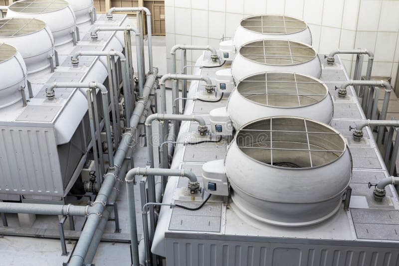 Cooling tower inside the building at roof top. Cooling tower inside the building at roof top