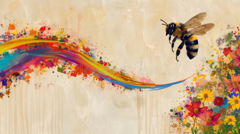 Artistic rendition of a bee pollinating wildflowers, where each wingbeat creates a colorful stroke on an abstract canvas. AI generated. Artistic rendition of a bee pollinating wildflowers, where each wingbeat creates a colorful stroke on an abstract canvas. AI generated