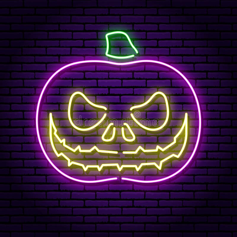 KÃ¼rbis mit Augen und einem bÃ¶sen LÃ¤cheln, violettes Neonzeichen. vor dem hintergrund einer Backsteinmauer stock abbildung