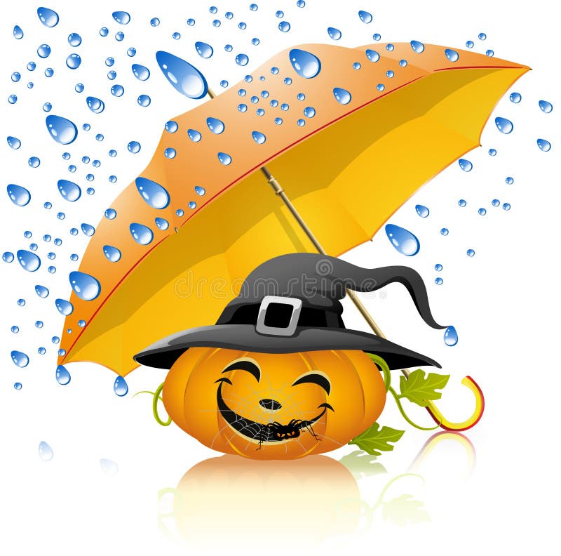 Kürbis unter einem gelben Regenschirm mit Regen stock abbildung Kürbis unter einem gelben Regenschirm mit Regen stock abbildung