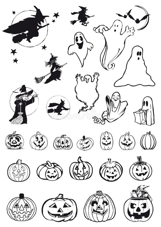 Kürbise, Hexen und Geister - Halloween-Ikonen stock abbildung Kürbise, Hexen und Geister - Halloween-Ikonen stock abbildung