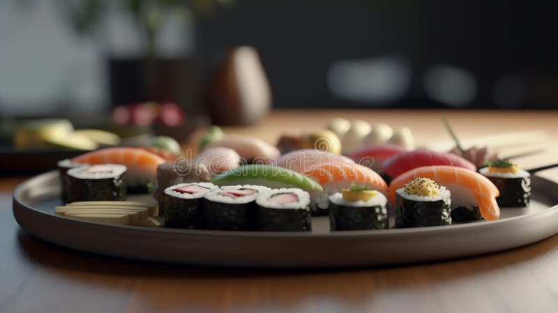 The side angle of the sushi plate captures the depth and dimensionality of the dish. The side angle of the sushi plate captures the depth and dimensionality of the dish.