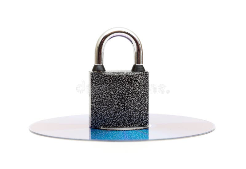 CD DVD media locked with a padlock isolated background. CD DVD media locked with a padlock isolated background