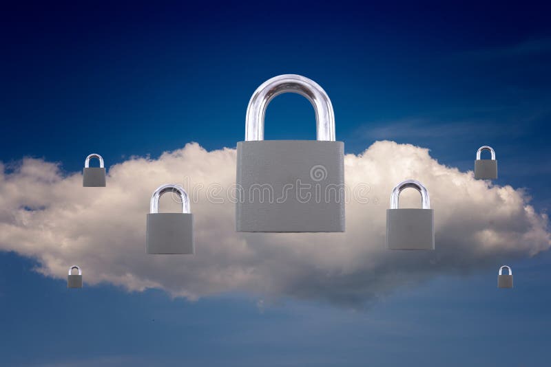 White cloud and seven closed padlocks for technology and computing based security concepts and ideas. Copy space area for data secure themes. White cloud and seven closed padlocks for technology and computing based security concepts and ideas. Copy space area for data secure themes.