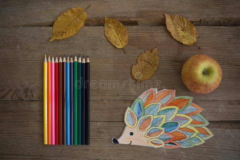  LÃ¡pices De Colores Con Una Manzana, Hojas Y Erizo De Dibujos Animados Foto de archivo