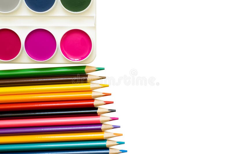 Lapices de colores sobre fondo blanco.Material escolar y educacion.Colores  pastel.Concepto de pintura y dibujo Stock Photo