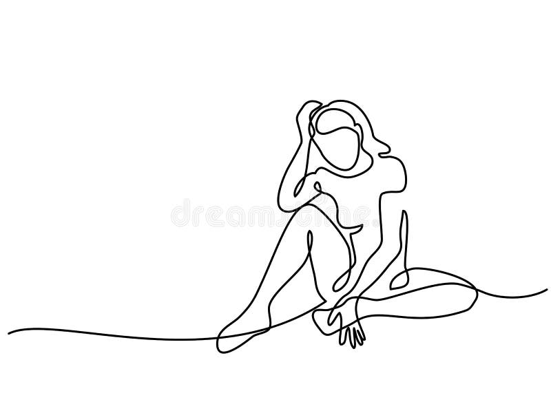 A lápis desenho contínuo Menina triste de assento ilustração do vetor