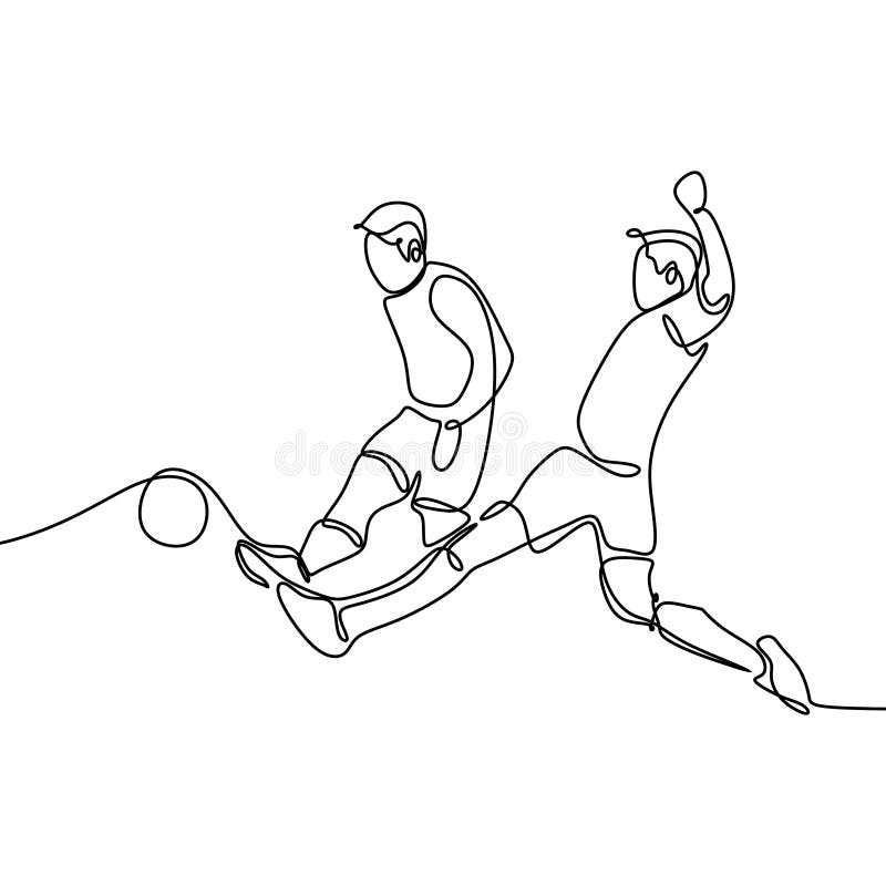 desenho de uma linha contínua dois jogadores de futebol se abraçam. dois  amistosos caminhando juntos após o término da partida. jogadores de futebol  masculino comemorando gol com abraço. vetor de design de