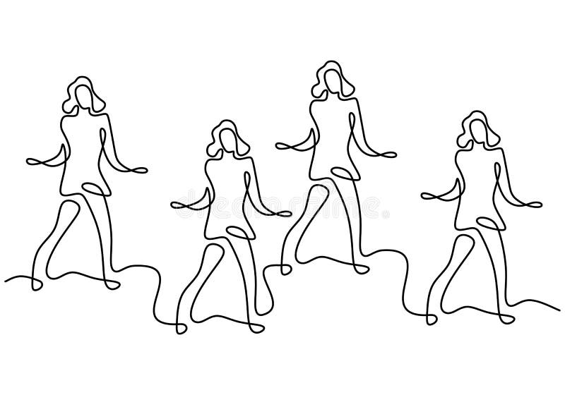  Línea Continua Dibujo De Grupo De Chicas En Zumba Dance. Cuatro Enérgicas Jóvenes Mujeres Practican La Danza Aisladas Sobre Fondo Ilustración del Vector