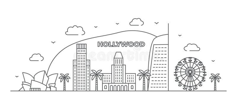  Línea De Los Angeles Dibujar Ilustración Hollywood Estilo Línea En Fondo Blanco Stock de ilustración