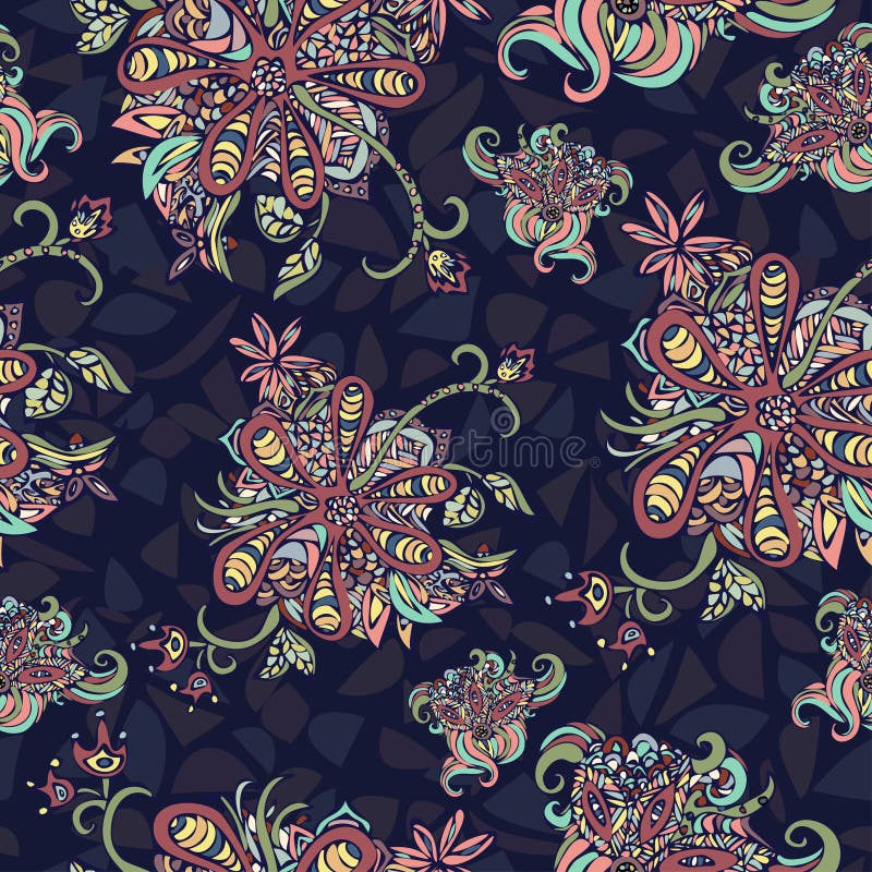 L'abstrait fleurit la configuration sans joint Griffonnage multicolore sur un fond bleu Pour la conception de tissu, textile, pap illustration stock L'abstrait fleurit la configuration sans joint Griffonnage multicolore sur un fond bleu Pour la conception de tissu, textile, pap illustration stock