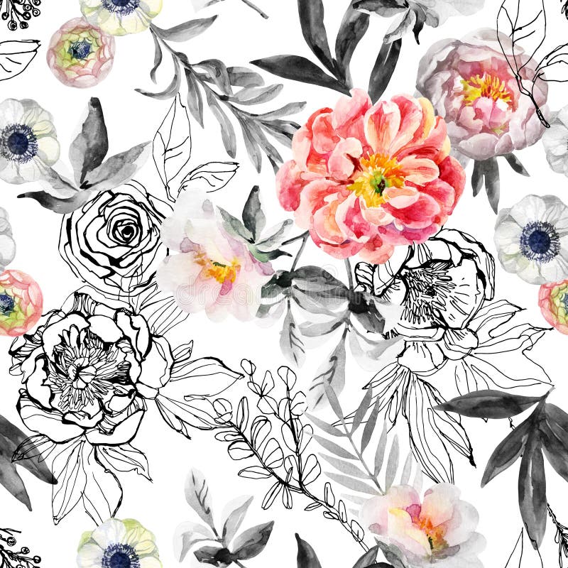 L'acquerello e l'inchiostro scarabocchiano i fiori, foglie, modello senza cuciture delle erbacce royalty illustrazione gratis L'acquerello e l'inchiostro scarabocchiano i fiori, foglie, modello senza cuciture delle erbacce royalty illustrazione gratis