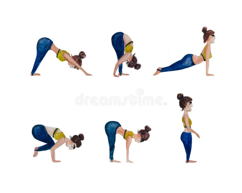 L Acquerello Ha Stilizzato L Yoga Ha Fissato Sei Pose Illustrazione Di Stock Illustrazione Di Stessi Carattere