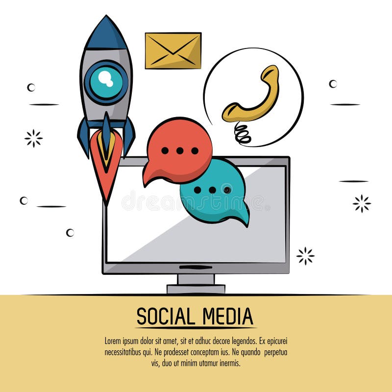 L'affiche colorée du media social avec l'ordinateur de bureau et les icônes de la fusée et de la parole bouillonnent et téléphone illustration stock L'affiche colorée du media social avec l'ordinateur de bureau et les icônes de la fusée et de la parole bouillonnent et téléphone illustration stock