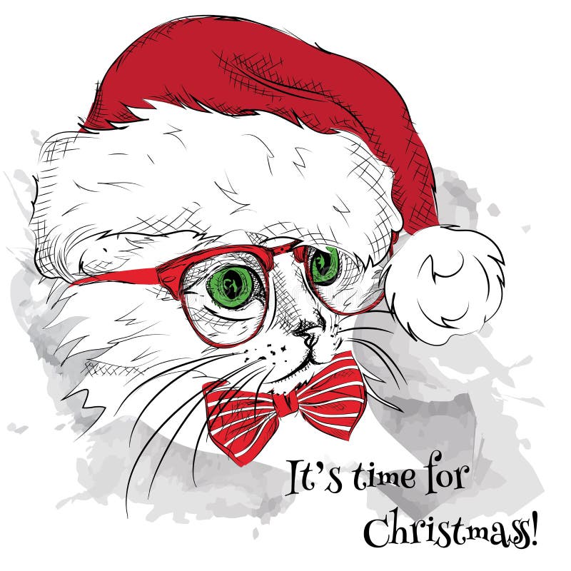 L'affiche de Noël avec le portrait de chat d'image dans le chapeau de Santa Illustration de vecteur illustration de vecteur L'affiche de Noël avec le portrait de chat d'image dans le chapeau de Santa Illustration de vecteur illustration de vecteur