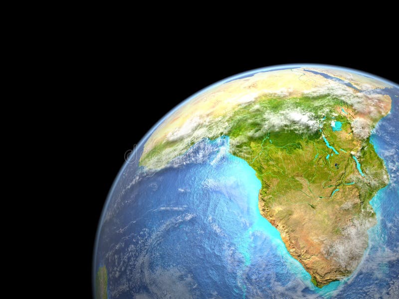 L'Africa su terra da spazio Dettaglio fine stesso della superficie del pianeta, delle nuvole realistiche e del fondo dell'oceano illustrazione di stock L'Africa su terra da spazio Dettaglio fine stesso della superficie del pianeta, delle nuvole realistiche e del fondo dell'oceano illustrazione di stock