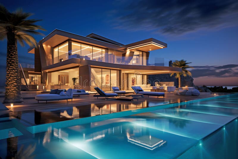 L'ai ha generato l'arte digitale di una villa moderna contemporanea con una piscina royalty illustrazione gratis