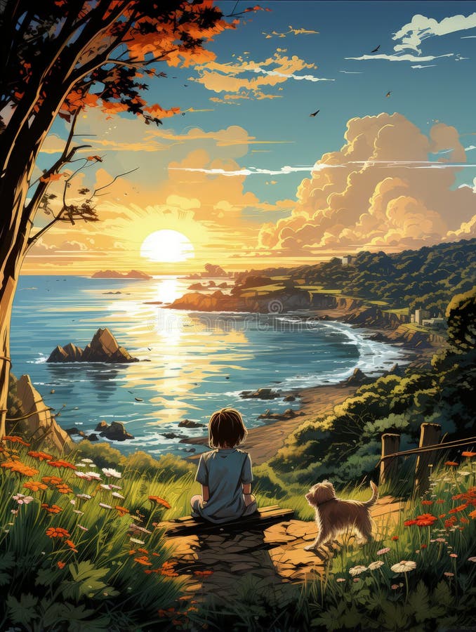 L'ai ha generato opere digitali di bellissimo tramonto con bambini e animali illustrazione di stock