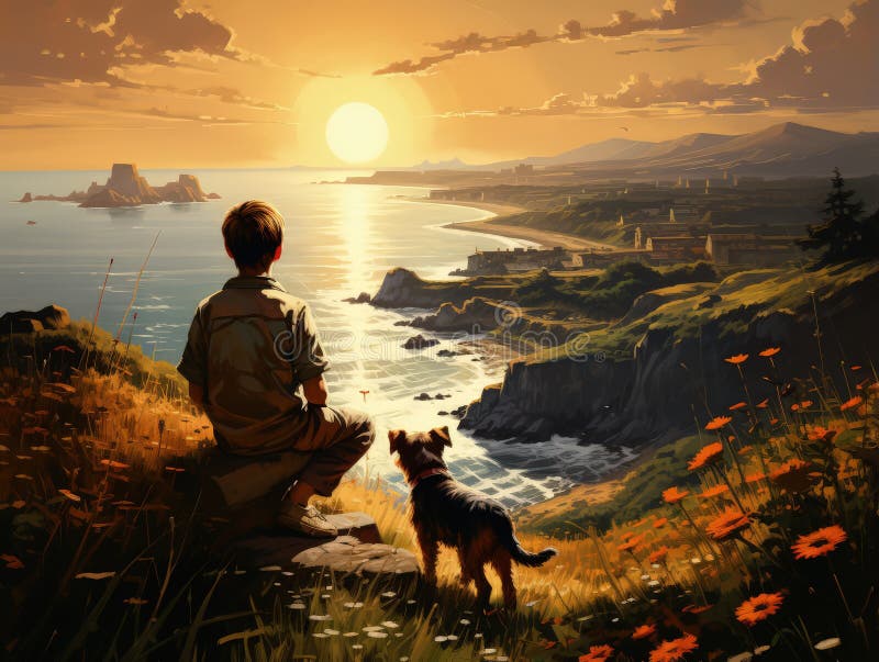 L'ai ha generato opere digitali di bellissimo tramonto con bambini e animali illustrazione vettoriale