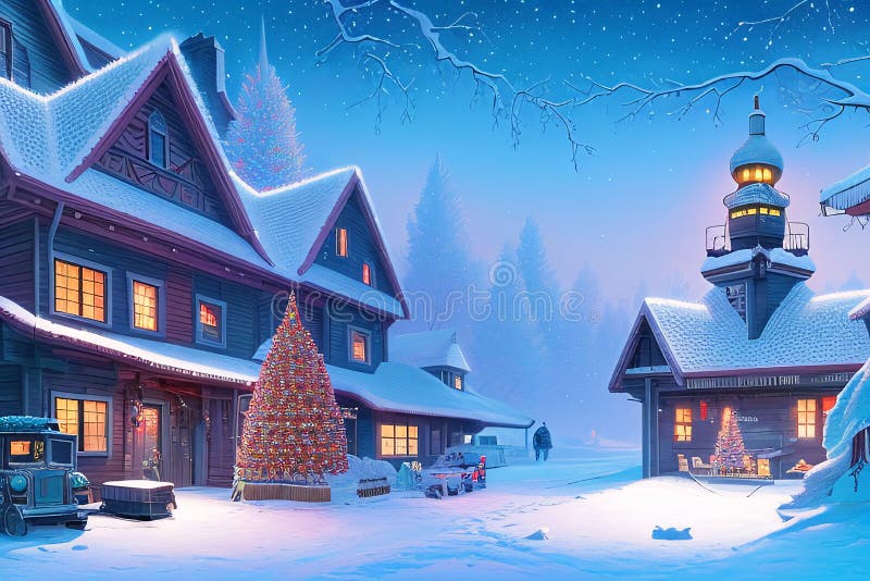 L'ai ha generato un'illustrazione digitale di un pittoresco villaggio di natale ricoperto di neve e decorazioni di natale royalty illustrazione gratis