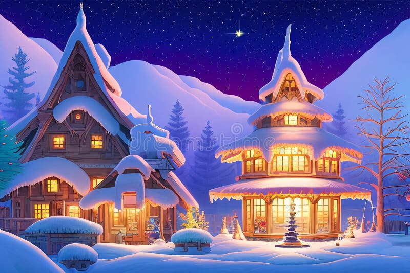 L'ai ha generato un'illustrazione digitale di un pittoresco villaggio di natale ricoperto di neve e decorazioni di natale illustrazione di stock