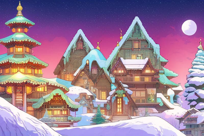 L'ai ha generato un'illustrazione digitale di un pittoresco villaggio di natale ricoperto di neve e decorazioni di natale royalty illustrazione gratis