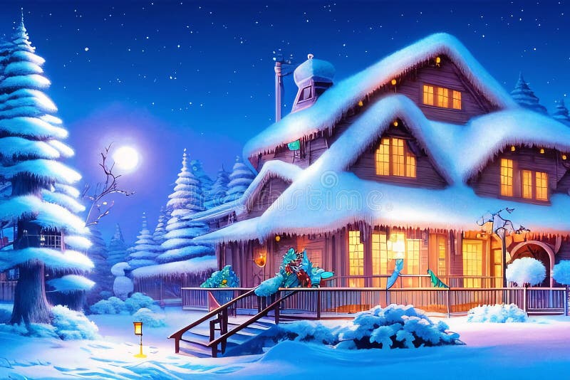 L'ai ha generato un'illustrazione digitale di un pittoresco villaggio di natale ricoperto di neve e decorazioni di natale illustrazione di stock