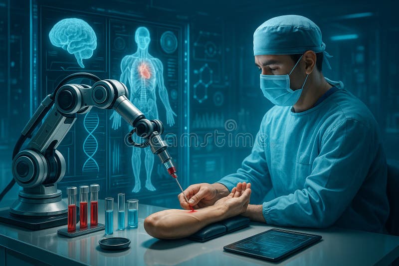 L'AI ha generato una scena medica di un braccio robotico che estrae sangue da un professionista sanitario mascherato in un laborat illustrazione vettoriale