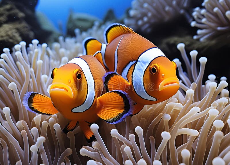 An AI generated illustration of clownfish on a sea anemone in the ocean reef. An AI generated illustration of clownfish on a sea anemone in the ocean reef