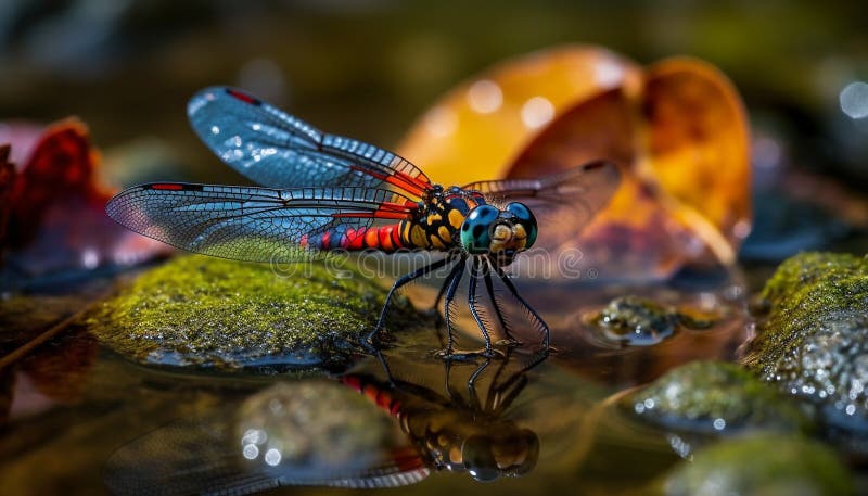 L'ala vibrante di farfalla riflette la bellezza naturale della scena di uno stagno tranquillo generata dall'ai royalty illustrazione gratis