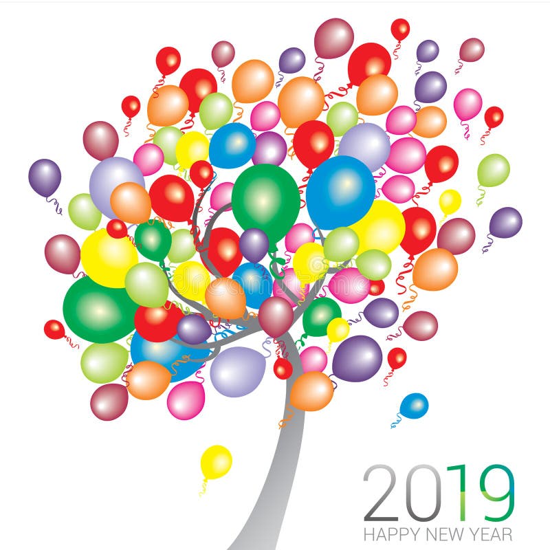 L'albero astratto con multi colore balloons con il buon anno 2019 del testo illustrazione di stock L'albero astratto con multi colore balloons con il buon anno 2019 del testo illustrazione di stock