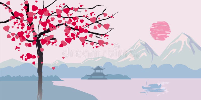 L'albero di fioritura con i cuori sui precedenti della vista sul mare cinese abbellisce royalty illustrazione gratis L'albero di fioritura con i cuori sui precedenti della vista sul mare cinese abbellisce royalty illustrazione gratis