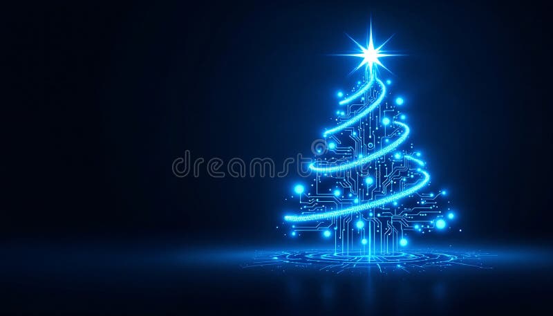 L'albero di natale digitale illuminato da luci blu e dai circuiti crea un'atmosfera festosa durante le vacanze royalty illustrazione gratis