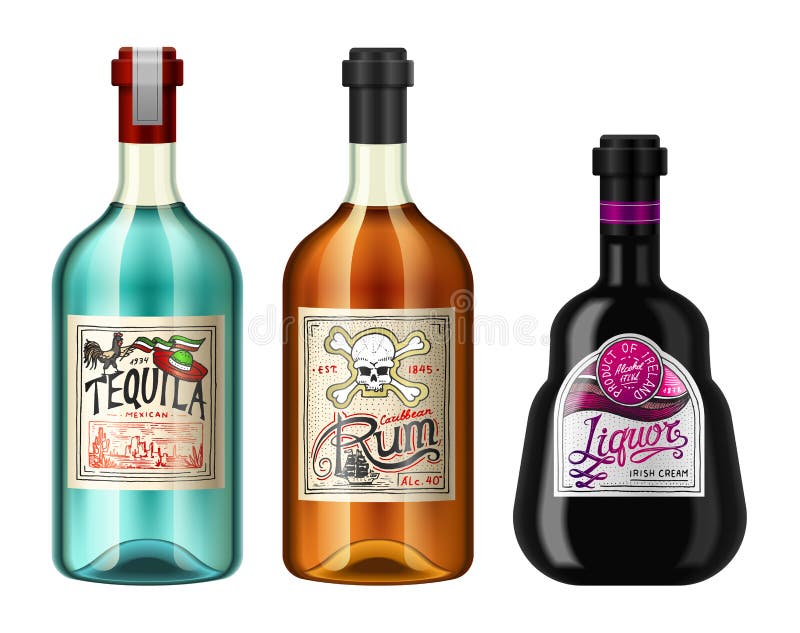 L'alcool boit dans une bouteille avec différents labels de vintage Rhum réaliste de tequila de liqueur Illustration de vecteur po