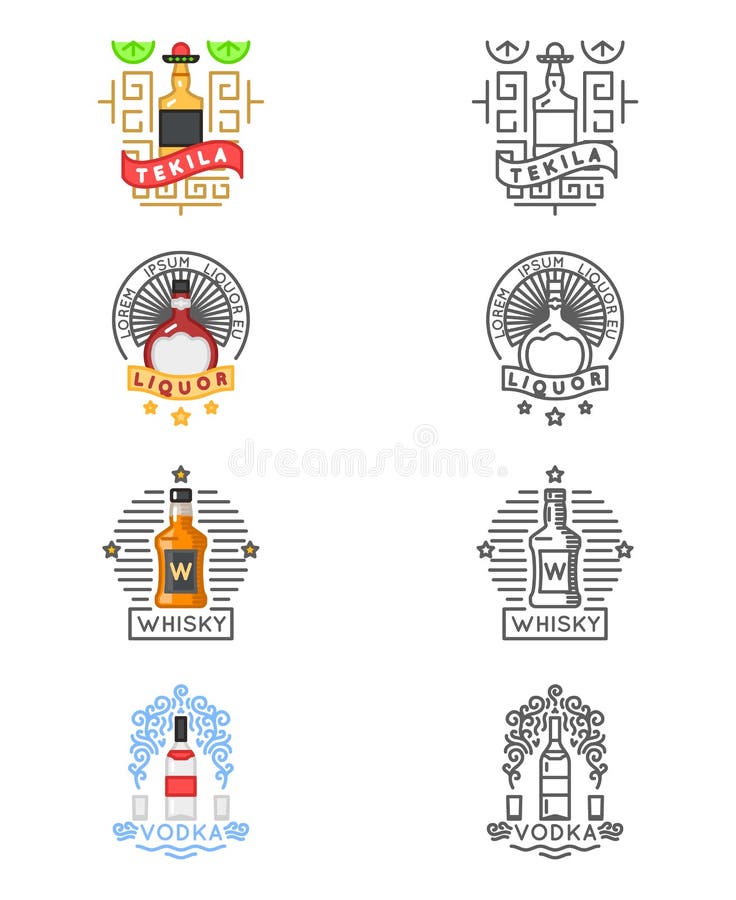 Alcohol drinks logo set. Whiskey and tequila, vodka and liquor labels for restaurants and bars. Label or emblem for alcohol beverage, illustration for alcohol menu. Alcohol drinks logo set. Whiskey and tequila, vodka and liquor labels for restaurants and bars. Label or emblem for alcohol beverage, illustration for alcohol menu