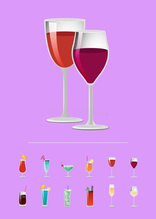 L'alcool boit les cocktails plats en verre d'icônes de vecteur illustration libre de droits L'alcool boit les cocktails plats en verre d'icônes de vecteur illustration libre de droits